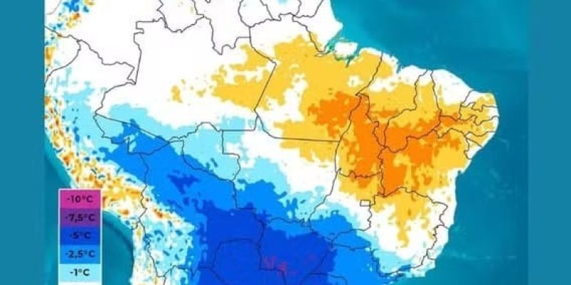 Desvio de temperatura entre os dias 8 e 13 de agosto indicam frio intenso na metade sul do Brasil — Foto: Climatempo