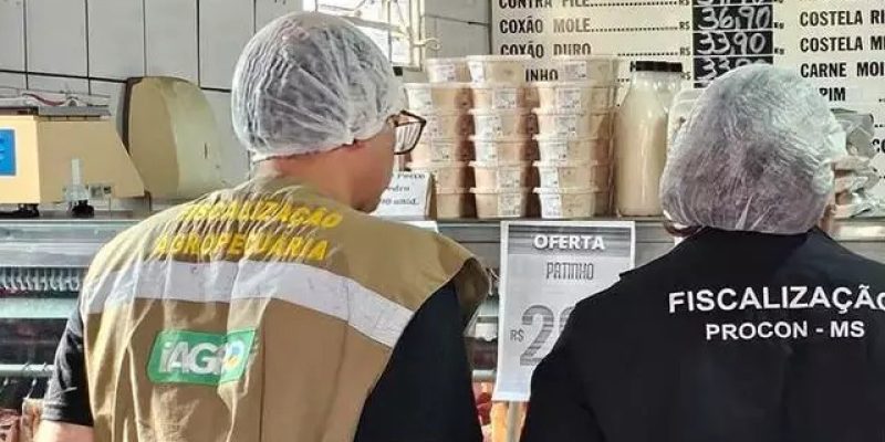 Agentes do Procon e Iagro durante fiscalização em açougue localizado na Vila Margarida (Foto: Divulgação/Kleber Clajus)