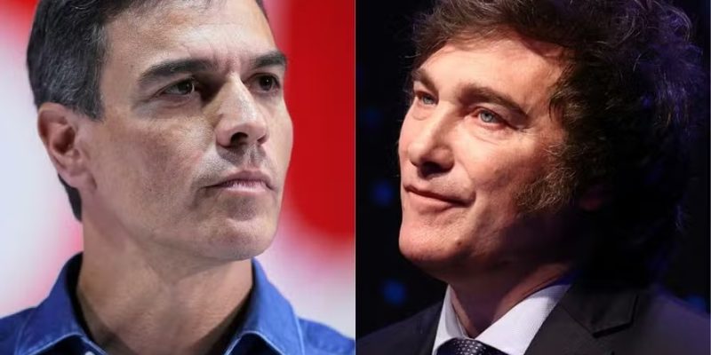 O primeiro-ministro espanhol, Pedro Sánchez, e o presidente argentino, Javier Milei — Foto: AFP
