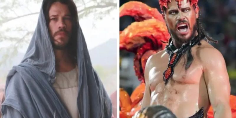 José Loreto como Jesus, em 'Paixão de Cristo', e como diabo no desfile da Vila Isabel (./Divulgação)