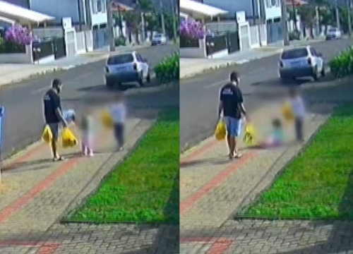 Pai é flagrado chutando a filha em Francisco Beltrão, no sudoeste do Paraná. — Foto: Reprodução