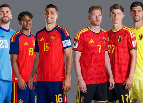 Unai Simon, Lamine Yamal e Rodri, da Seleção da Espanha; Kevin De Bruyne, Charles De Ketelaere e Thibaut, da Bélgica