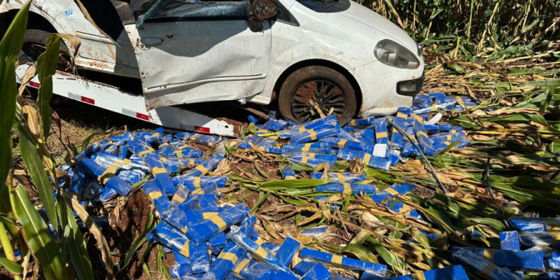 Fardos de maconha ao lado de Fiat Punto capotado (Foto: Divulgação)