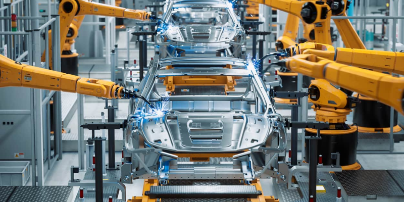 Montadoras- durante a fabricação de carros -com robôs na linhas de produção
