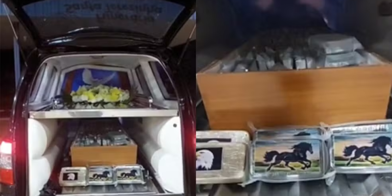 Cocaína estava escondida em caixão funerário e foi desoberta após polícia sentir odor químico. — Foto: Divulgação PRF