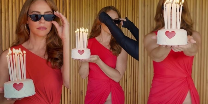 Na publicação, Paolla aparece com um bolo, soprando as velinhas, enquanto o recorte do look ganha evidência nas imagens
