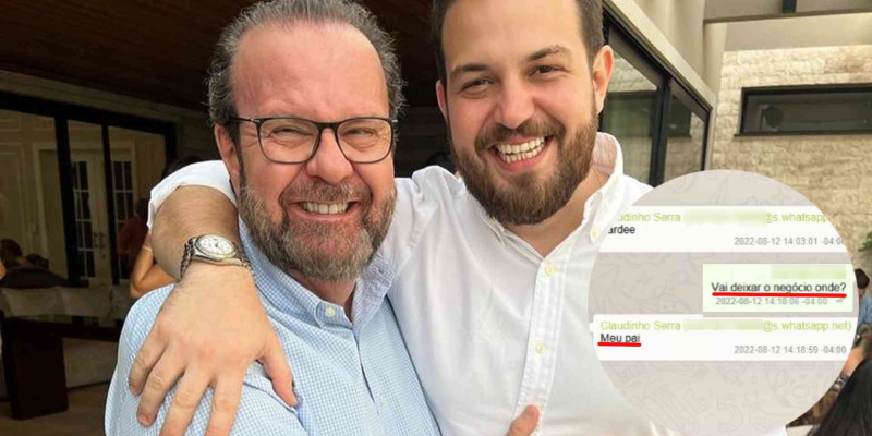 Claudinho Serra ao lado do pai e detalhe para conversa com indicação de levar 'negócio' ao pai. (Reprodução)