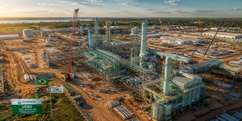 Vista aérea da Unidade de Fertilizantes Nitrogenados III (UFN-3), em Três Lagoas (MS) - Imagem - Ilustração