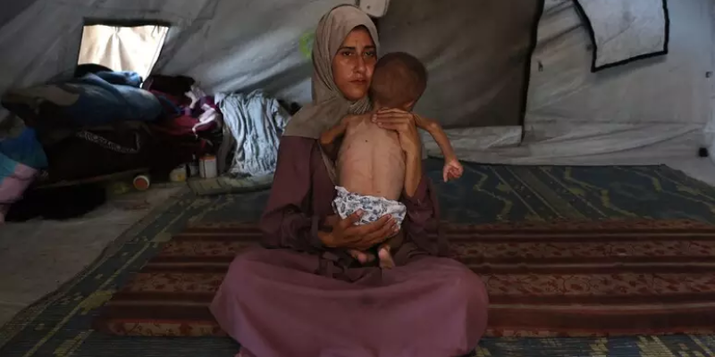 Hidaya, palestina de 31 anos, com seu bebê de 18 meses em um campo de refugiados em Gaza
Foto: ANSA / Ansa - Brasil
