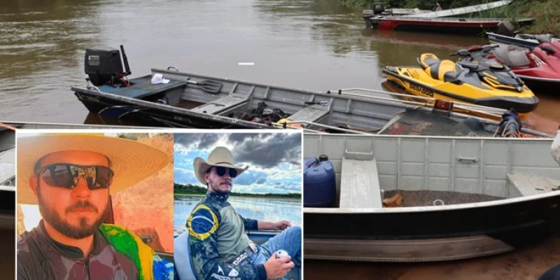 Barcos no rio e imagem dos homens que morreram afogados. Foto: Reprodução / BNC Notícias