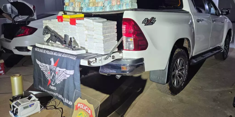 A caminhonete Toyota Hilux, armas, dinheiro, droga e outros objetos apreendidos na casa (Foto: Divulgação)