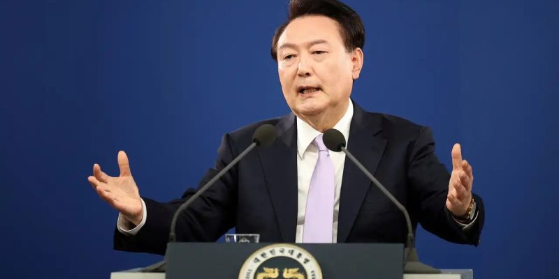 Presidente da Coreia do Sul, Yoon Suk Yeol, durante coletiva de imprensa