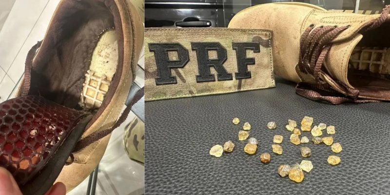 Agentes da PRF-PR encontraram 31 pedras preciosas em compartimento oculto na sola do sapato - PRF-PR/Divulgação
Elijonas Maiada CN