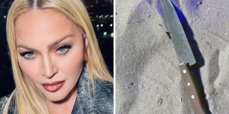 Madonna e faca encontrada na areia de Copacabana - Reprodução/Instagram e Reprodução/TV Globo
