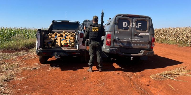 Policial ao lado da Toro e tabletes de maconha encontrados em milharal (Foto: Divulgação)